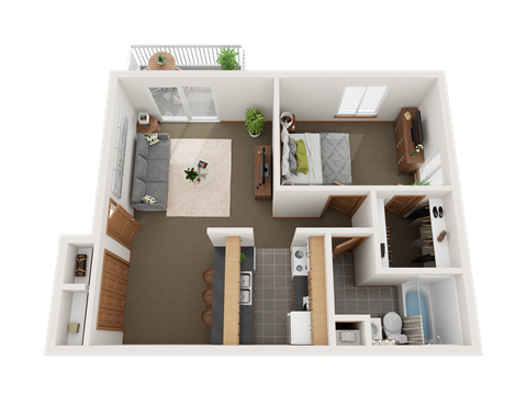 Floor plan for 1 bed, 1 bath, 515 sqft